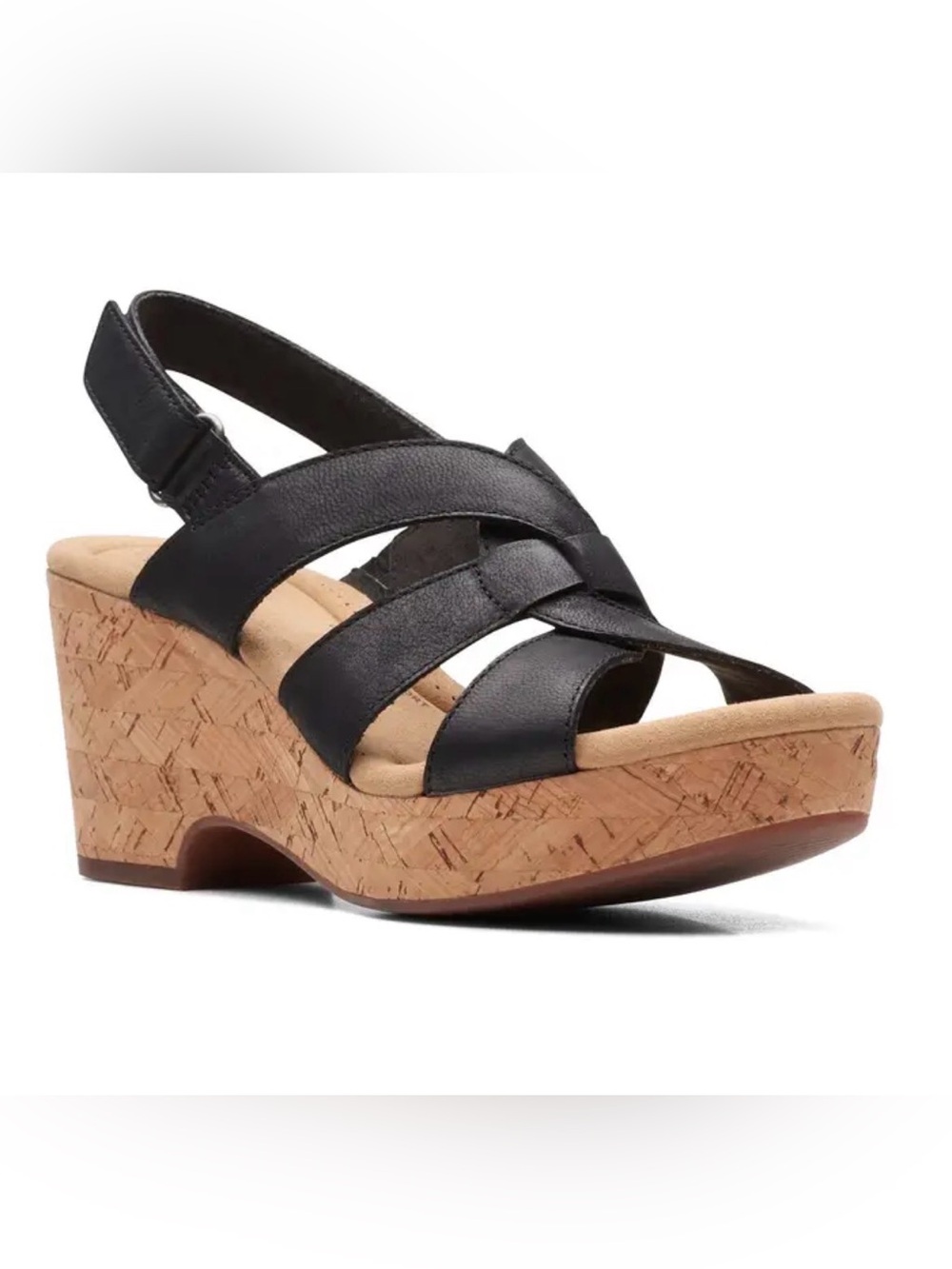 Clarks Giselle Beach Black Leather Cork Wedge Slingback Sandals Size 8